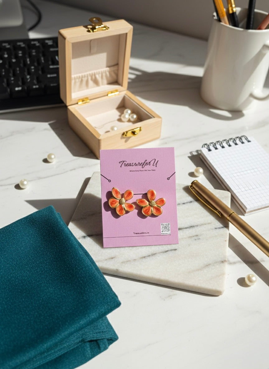 Orange Flower Stud Earrings