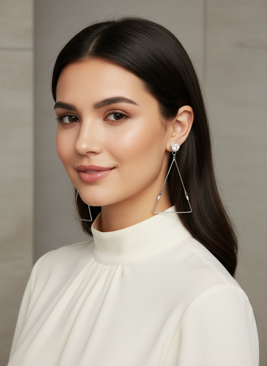 Geometric Triangle Earrings with Stone-silver