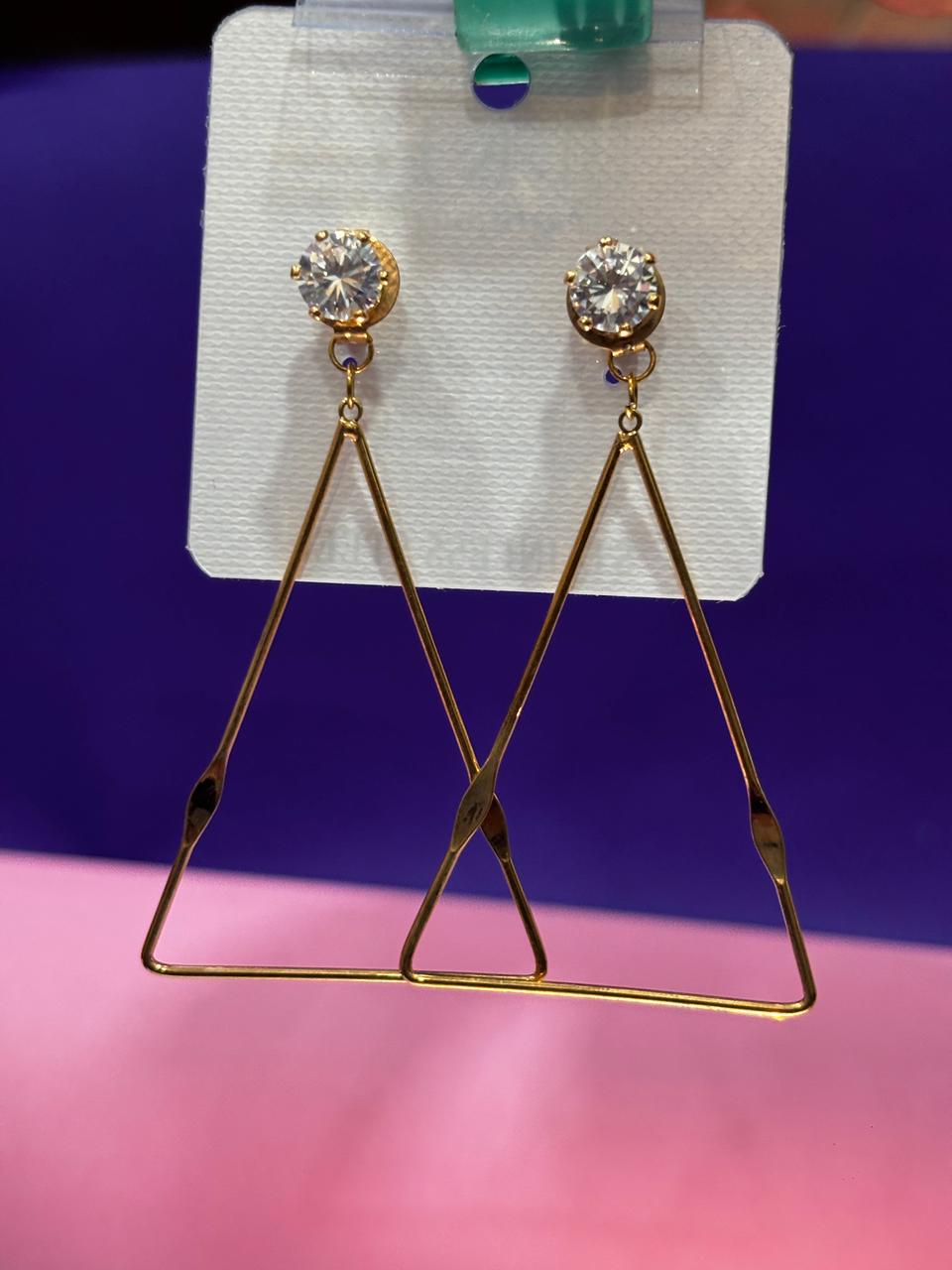 Geometric Triangle Earrings with Stone-Gold